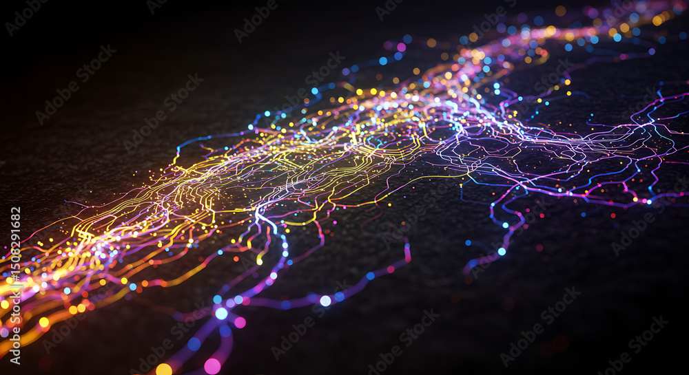 Poster abstract network glowing colorful lines and nodes on dark background