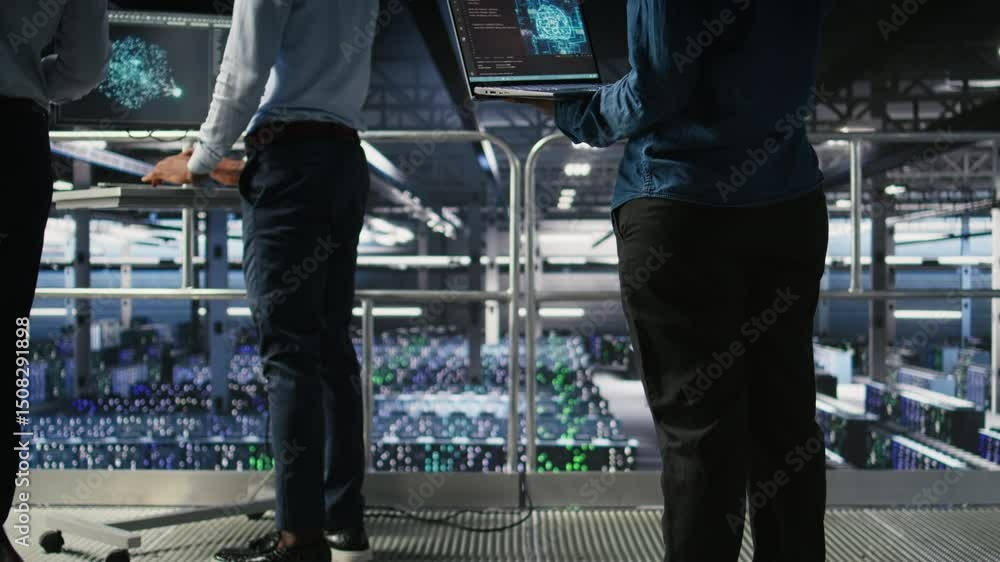 Poster data center system administrators collaborating to maintain servers using artificial intelligence. t