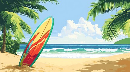 Colorful beach scene with surfboard on the sand.