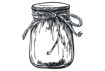 Hand-drawn sketch of a jam jar with twine. Vector retro hand drawn illustration