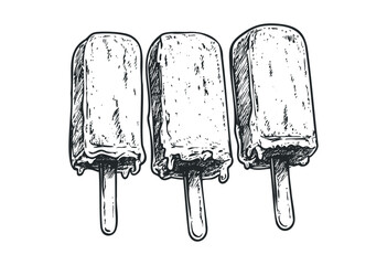 Detailed hand-drawn sketch of three ice pops on sticks in vintage style. Vector retro hand drawn illustration