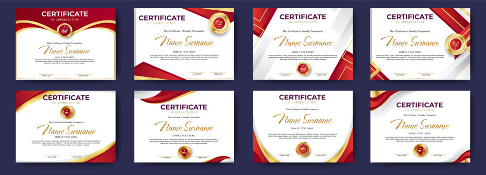 Certificates of achievement template with red shapes background and luxury badge. Eight choice of certificates For award, business, and education needs. Diploma vector template