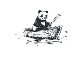 Illustration of a panda rowing a boat with an oar in water. Vector retro hand drawn illustration