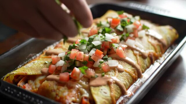 Cinematic close-up of saucy enchiladas with pico de gallo and chipotle drizzle on black tray