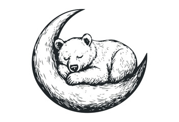Illustration of a bear sleeping on a crescent moon. Vector retro hand drawn illustration