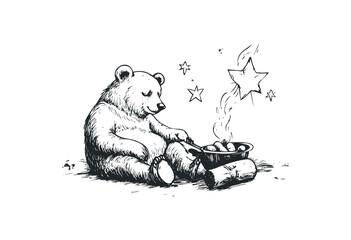 Adorable bear cooking marshmallows with stars in the sky. Vector retro hand drawn illustration