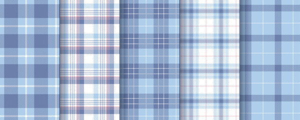 Tartan seamless pattern. Check background. Plaid gingham textures. Flannel shirt textile. Set blue purple fabrics. Vichy prints. Buffalo checkered backdrops. Lumberjack tablecloth. Vector illustration