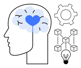Human head with brain featuring heart, gear, interconnected blocks, and light bulb. Ideal for ideas, innovation, emotional intelligence, teamwork, creativity problem-solving simple landing page