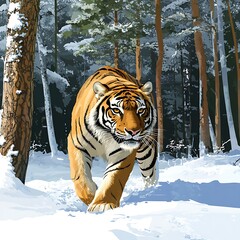Tiger strolls through a snowy forest.