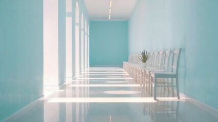 Pastel architectural interior perspective featuring white chairs and natural light with a houseplant