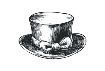 Vintage top hat with bow illustration on white. Vector retro hand drawn illustration