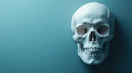 Human Skull on Blue Background Anatomy, Mortality, and Medical Concept