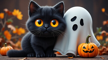 Adorable Black Cat with Ghost and Pumpkin in Autumn Setting for Halloween Celebration