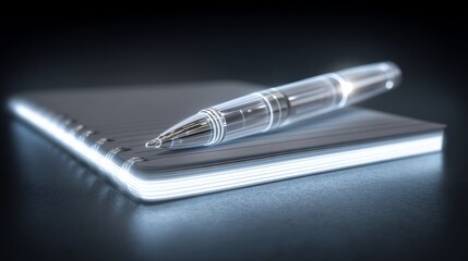 A clear pen resting on a spiral-bound notebook illuminated in a dark setting.