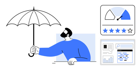 Obraz premium Man holding umbrella as protection, analytics dashboard, and ratings gauge highlighting safety, trust, reliability. Ideal for data security, performance analysis, risk management, business growth