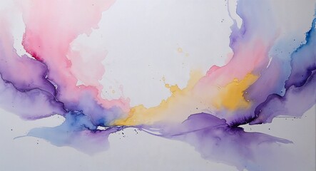 Abstract Watercolor Painting with Soft Pink, Purple, Blue, Yellow Hues on White Textured Canvas