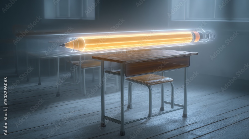 Poster a dynamic classroom scene featuring a glowing pencil and empty desks.
