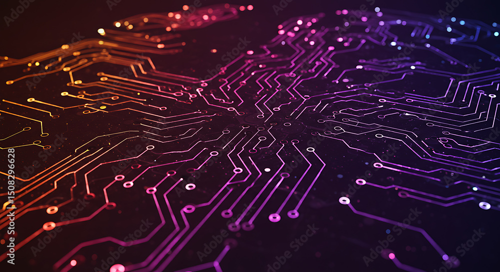 Poster abstract circuit board technology background illuminated lines glowing traces digital network high