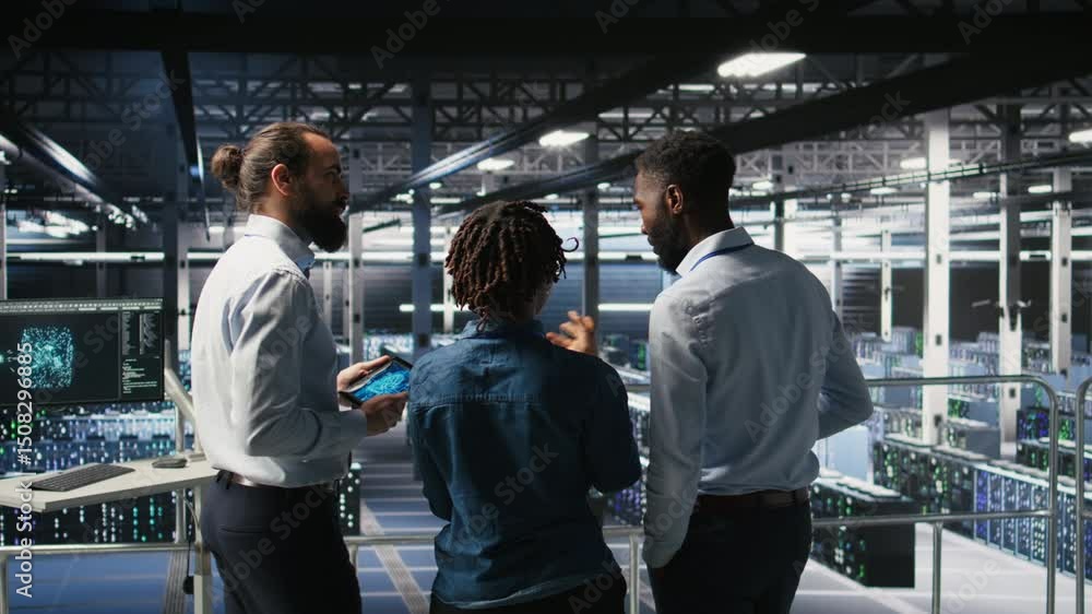 Poster data center manager talking with workers performing maintenance on supercomputers used for ai. serve