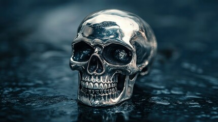 Polished Silver Skull Sculpture on Dark Background