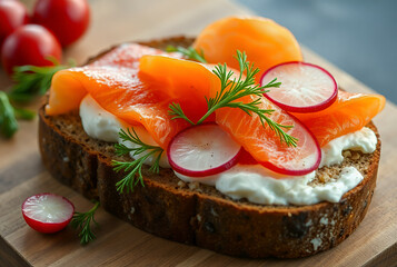 A Nordic-style sandwich layered with fresh ingredients and herbal garnish