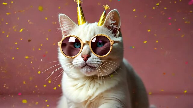 Funny white cat celebrating with happy birthday sunglasses on a pink background