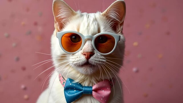Funny white cat celebrating with happy birthday sunglasses on a pink background