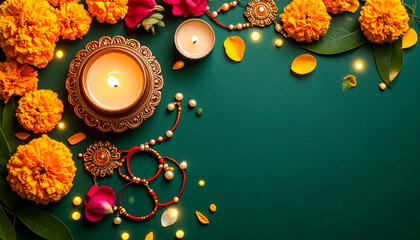 Raksha Bandhan celebration flat lay with bracelet, rakhi, sweets and festive decor on background