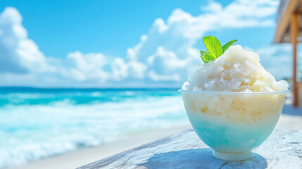 海の見えるカフェのテラスで食べるカキ氷