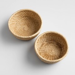 Handcrafted woven baskets displayed against minimalist background decorative tabletop decor studio setting
