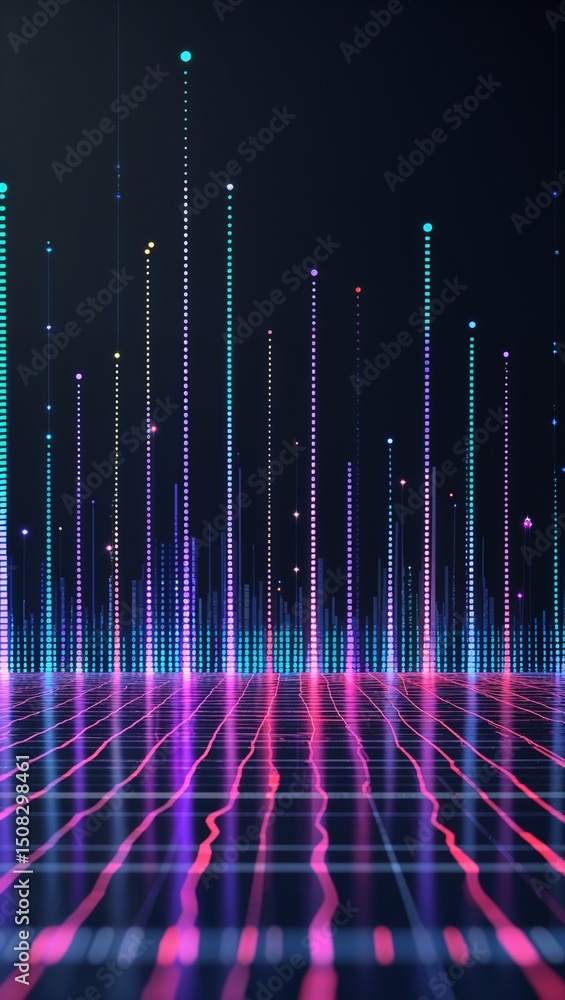 Poster futuristic abstract digital art with vertical light lines on dark background – evoking technology an