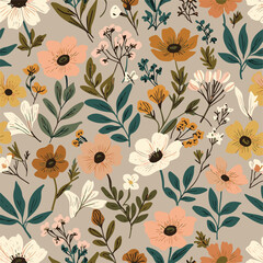 Seamless Floral Pattern Featuring Colorful Blooms and Leaves in Artistic Style.
