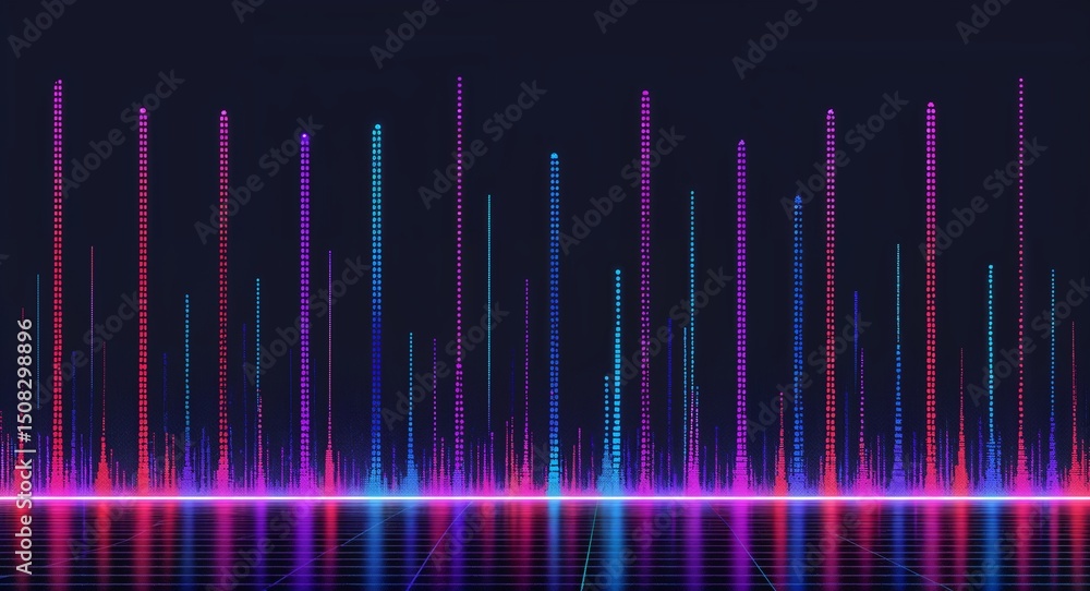 Poster futuristic abstract digital art with vertical light lines on dark background – evoking technology an