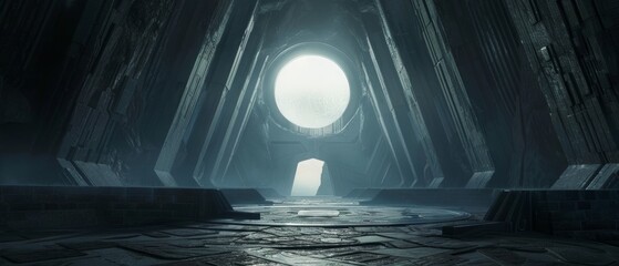 A vast, deserted chamber with a high-tech portal exudes an air of mystery and advanced alien technology against a backdrop of immense pillars.