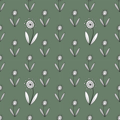 Floral seamless pattern in retro style. Monochrome curved flowers on green field. Unusual fantasy daisy flowers with clear black contour. Cute childish plant design.