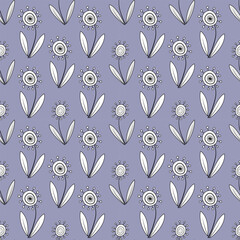 Floral seamless pattern. Monochrome plant ornament on purple background. Unusual fantasy flowers with clear black contour. Clear strict design of alternating floral elements.
