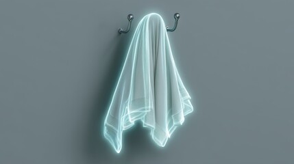 A glowing ghostly figure draped in translucent fabric on a minimalist wall.