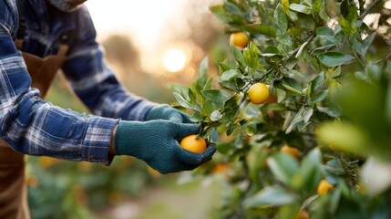Farmer Harvests Fresh Oranges on Sunny Day, Close Up of Hand Picking Ripe Fruit in Orchard Surrounded by Lush Green Leaves and Sunlight