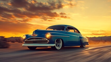 Classic car on a desert road at sunset.