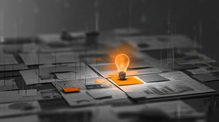 A glowing light bulb illuminates various business papers and ideas.
