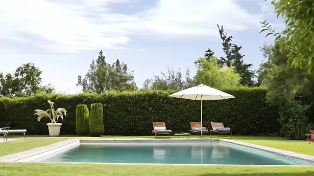 Swimming Pool Surrounded by Greenery with a White Parasol Under a Clear Sky in Summer