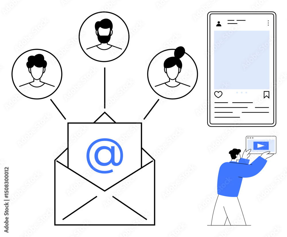 Poster email with user profiles connected, mobile social media interface, person adding video. ideal for ma