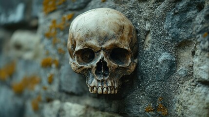 Human Skull Against Ancient Stone Wall - Mortality, History, and Remembrance