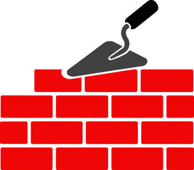 Red bricks being laid with trowel in construction process  