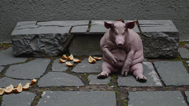 Hairless pink pig sitting on concrete pavement, nibbling apple slices near stone bench, enjoying solitary outdoor meal