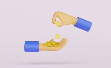3D illustration. 3D cartoon hand passes coin to the other. One hand holding a gold coin gives it to the other