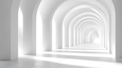Fototapeta premium Bright white arched hallway background minimalist architectural design perspective interior view endless passage abstract scene modern