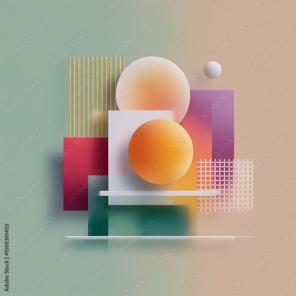 Poster abstract geometric composition with pastel tones, featuring spheres, squares, and textural elements 