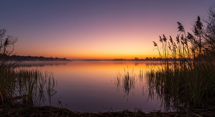Serene Sunrise over Misty Lake with Reeds and Golden Sky Reflections