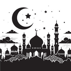 Eid ul Adha Silhouette Vector | Mosque with Moon and Clouds Illustration on White Background